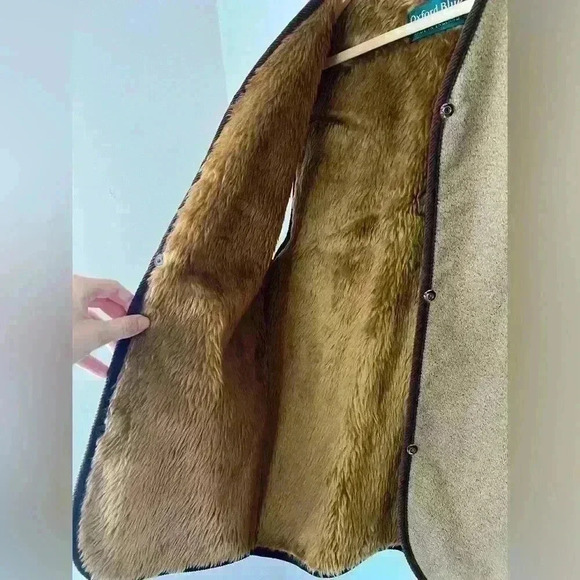 Vintage Oxford Blue Thermal Tan Brown Winter Fall Faux Acrylic Fur Lined Vest - Picture 2 of 12